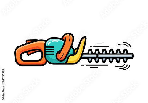 Stylized illustration of a hedge trimmer with sharp blades ready for garden work