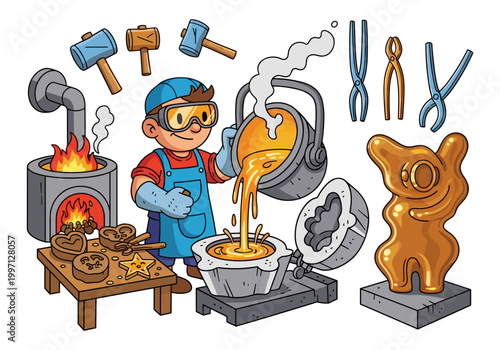Cartoon blacksmith pouring molten metal into a mold to create a sculpture