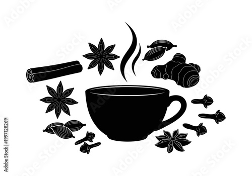Hot beverage with aromatic spices and steaming cup illustration