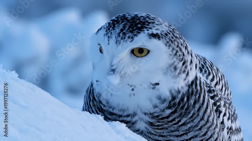 Close Up of a Snowy Owl Resting in Snow, Opening and Closing Its Bright Yellow Eyes