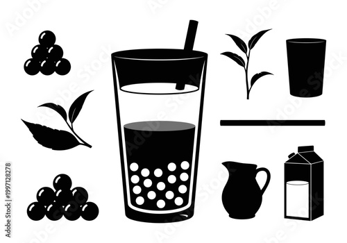 Bubble tea ingredients and components in black silhouette icons