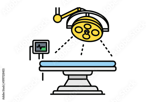 Operating room equipment with examination table and surgical lamp illustration