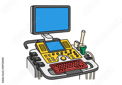 Modern ultrasound machine with keyboard and monitor for medical diagnostics