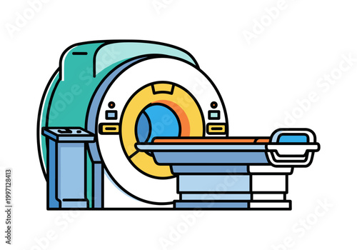 Modern MRI scanner with patient bed and control panel in a clean medical setting