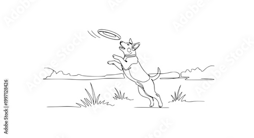 Dog Jumping to Catch Frisbee - Continuous Line Drawing