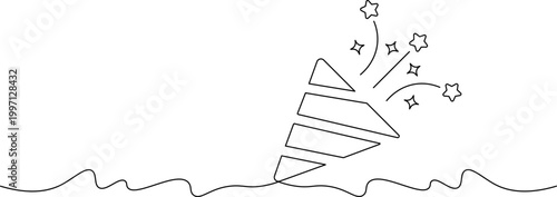 A simple line drawing of a Christmas tree with fireworks exploding above it in the night sky