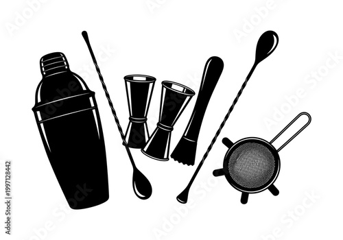 Collection of black bar tools for cocktail making on a white background