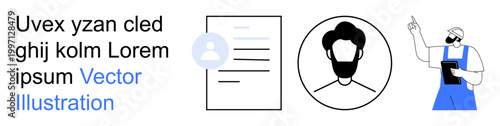 Identity verification, online profiles, employment, documentation, communication, professional roles. Male avatar, profile document worker with tablet pointing. Identity verification and online