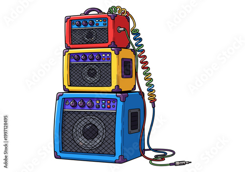 Stack of colorful guitar amplifiers with coiled cables and jack plug