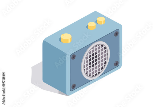 Retro blue portable speaker with yellow knobs and speaker grill