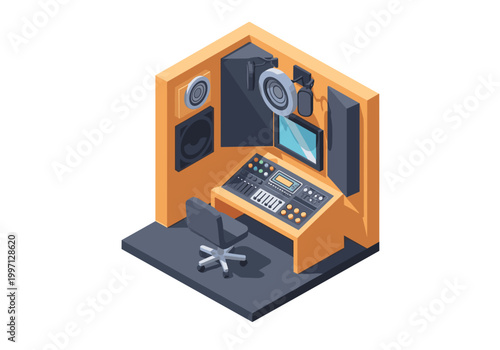 Isometric recording studio setup with mixing console, monitor, and microphone