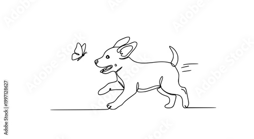 Happy puppy chasing a butterfly in a single line drawing style