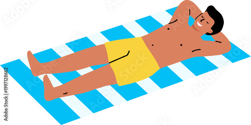 Man Relaxing and Sunbathing on Striped Beach Towel for Summer Vacation