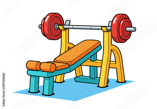 Colorful weight bench with barbell and weights for strength training exercises