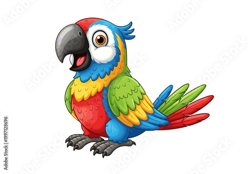 Cute cartoon macaw parrot with vibrant feathers and an open beak