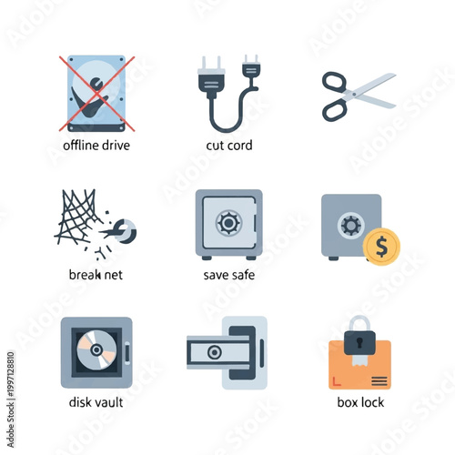 Collection of Icons Representing Data Security and Protection Methods.