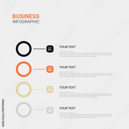 Modern Business Infographic with 4 Vertical Steps. Vector Template with Colorful Circles, Step Numbers, and Text for Presentations, Reports, and Workflow Diagrams. Minimalist Design