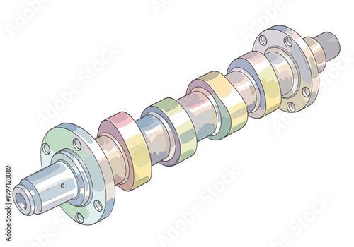 Detailed illustration of a multi-lobed camshaft with flanges on a white background