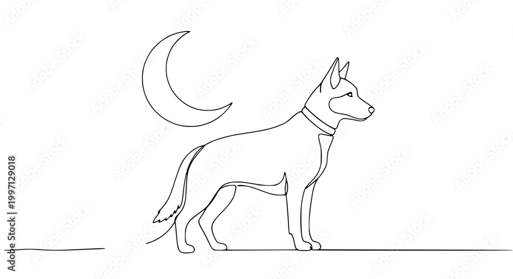 Fototapeta premium Minimalist line art of a German Shepherd dog standing under a crescent moon at night.