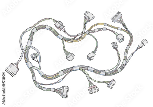 Complex electrical wiring harness with multiple connectors and color-coded wires