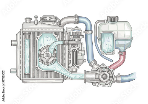 Automotive cooling system diagram showing fluid flow through radiator and pump