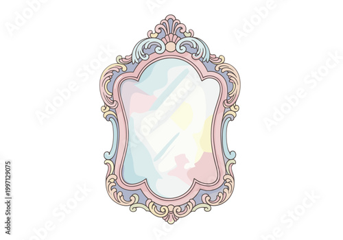 Ornate pastel baroque mirror with decorative flourishes and reflective surface