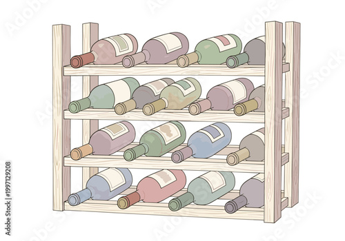 Wooden wine rack filled with assorted colored bottles on multiple shelves