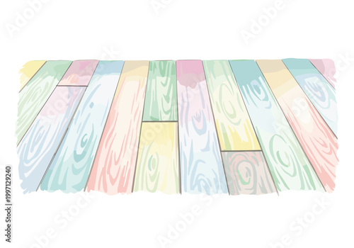 Colorful pastel wooden planks laid out in perspective with visible wood grain texture