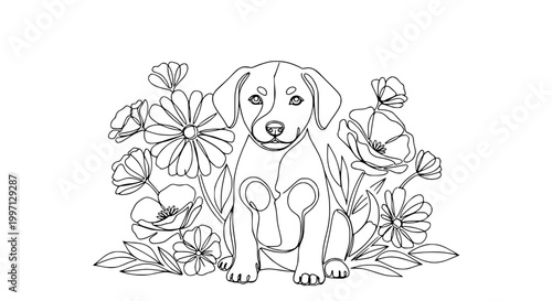 Cute puppy sitting among flowers, line art illustration, simple design, black and white