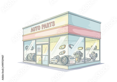 Exterior view of a colorful auto parts store with various car components displayed