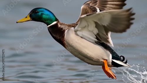 Animal - Male Mallard Duck Taking Off from Water and Flying with Wings Spread Wide in Close Up Slow Motion Wildlife Footage