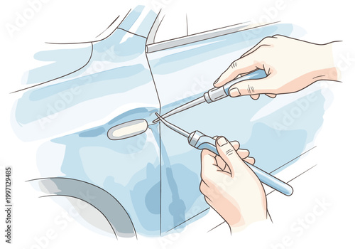 Hands using specialized tools to repair a dent on a car door panel