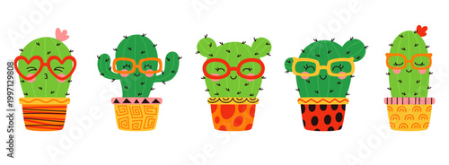 A collection of cactus mascots wearing glasses. Perfect for stickers, social media, and modern, cute illustrations.