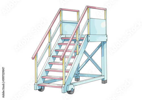 Mobile aircraft boarding stairs with pastel blue and pink accents