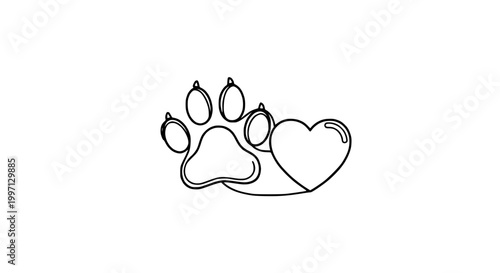 Paw Print Heart Icon - Animal Love and Care Symbol, Outline Drawing