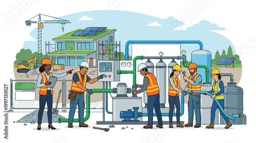 Diverse workers collaborate on sustainable building construction and water treatment systems, showcasing green technology and teamwork in the modern industry