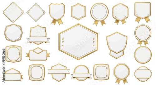 Collection of golden badges and emblems, blank labels for design, isolated on white background