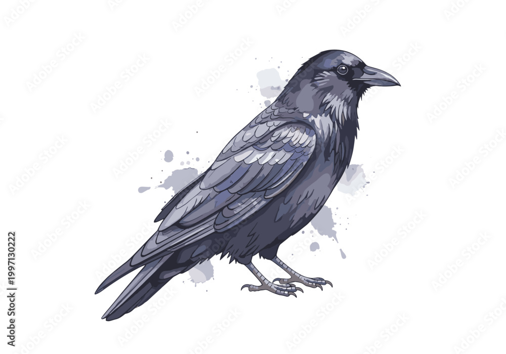 Fototapeta premium Detailed illustration of a dark gray raven perched against a white background
