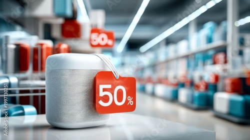 Portable speaker with sale tag in modern merchandising layout