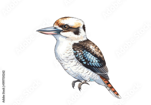 Detailed illustration of a kookaburra bird perched on a white background