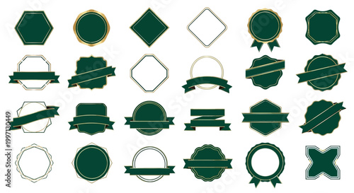 Set of Decorative Green and Gold Labels, Badges, and Ribbons