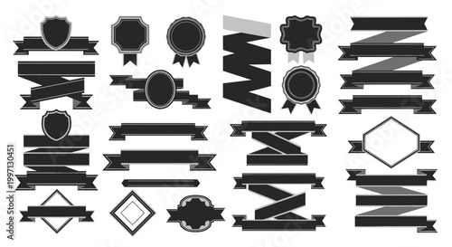 Set of Black Ribbons and Badges, Vintage Design Elements, Isolated on White