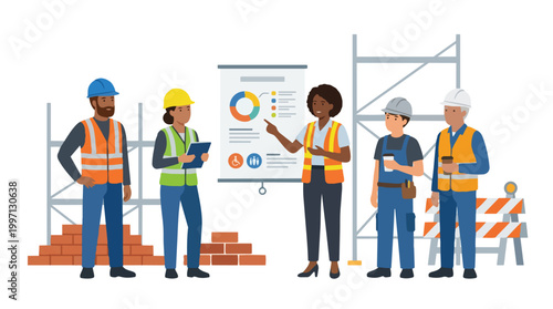 Diverse construction workers meeting on a job site discussing project plans and safety protocols, illustrating teamwork and inclusion in the building industry