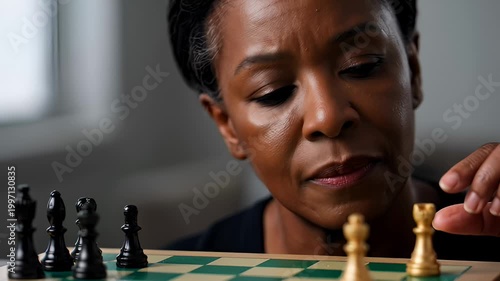 Close Up of Senior Black Woman Concentrating and Making a Move During a Chess Game