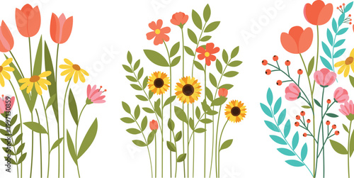 Flat vector illustration set of colorful spring floral bouquets featuring tulips sunflowers and wildflowers for greeting cards wedding invitations nature and garden themed projects.