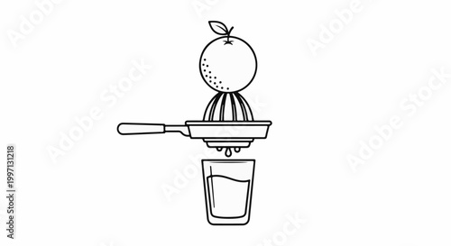 A hand juicer extracts liquid from a round fruit into a glass