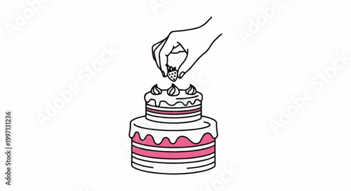 A hand places a strawberry on top of a two-tiered cake