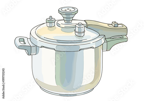 Modern stainless steel pressure cooker with safety valves and handles for cooking