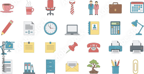 Office and Business Icon Set Featuring Documents, Laptop, Calendar, Printer, Telephone, Clock and Workplace Equipment for Corporate and Productivity Design.