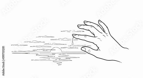 A hand touches the sky, with a droplet falling into the clouds and sea below